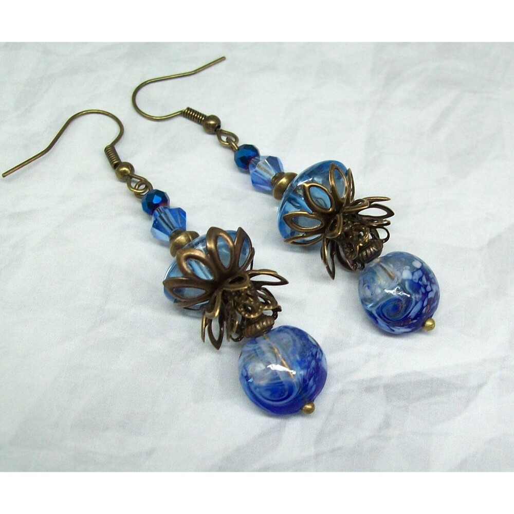 Lampwork Dangle Earrings, Vintage Stye, Bronze, Art Nouveau, Unique Gifts for He